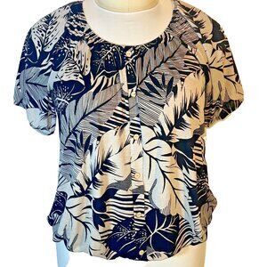 NAIF Blouse Top Womens 2X Black Beige Tropical Leaf Short Sleeve Bubble Hem